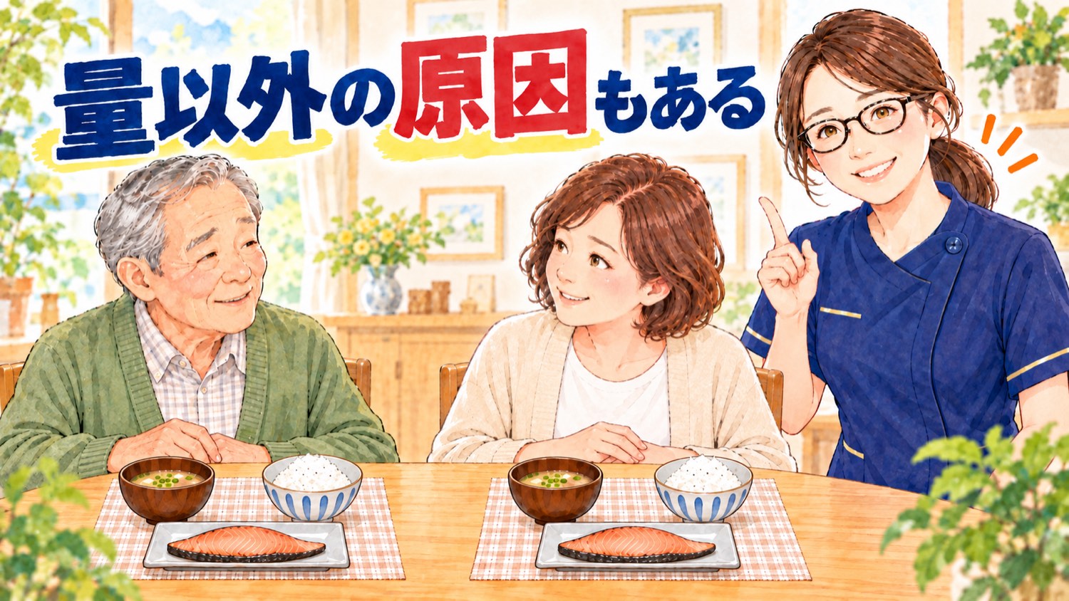 量以外の原因。ごはんと汁物は出ているのに、焼き魚に手をつけずに残している食卓