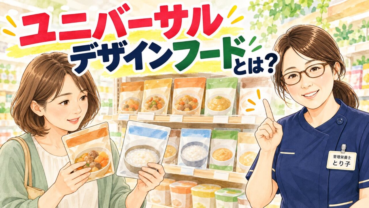 ユニバーサルデザインフードとは？スーパーの介護食コーナーでパッケージを見比べる娘と管理栄養士