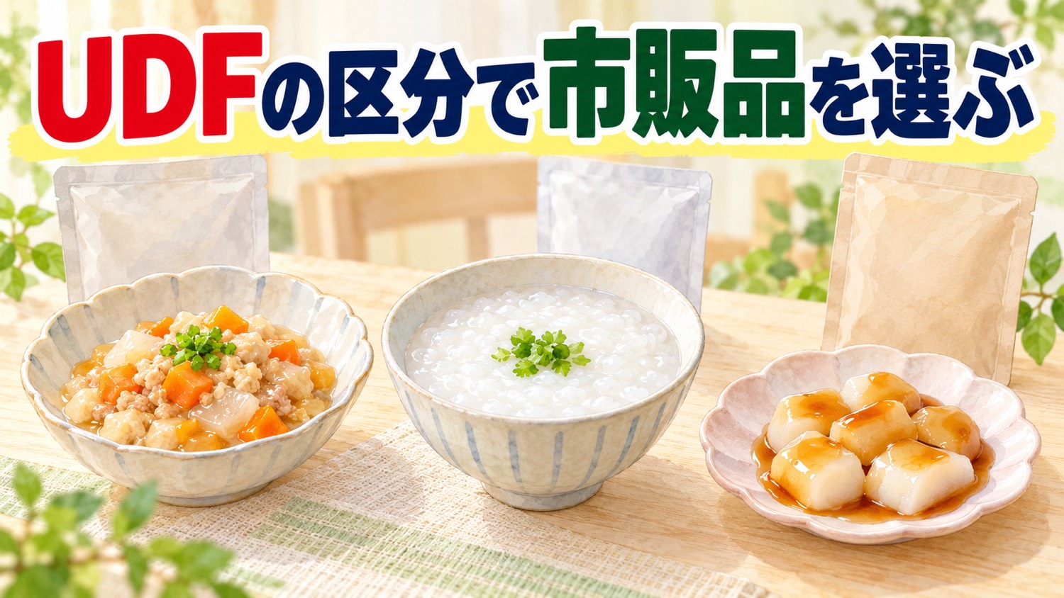 UDFの区分で市販品を選ぶ。器に盛ったやわらかいおかず、おかゆ、やわらかいみたらし団子
