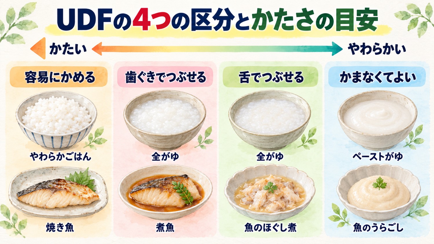 UDFの4つの区分。容易にかめる、歯ぐきでつぶせる、舌でつぶせる、かまなくてよいのごはんと魚の例