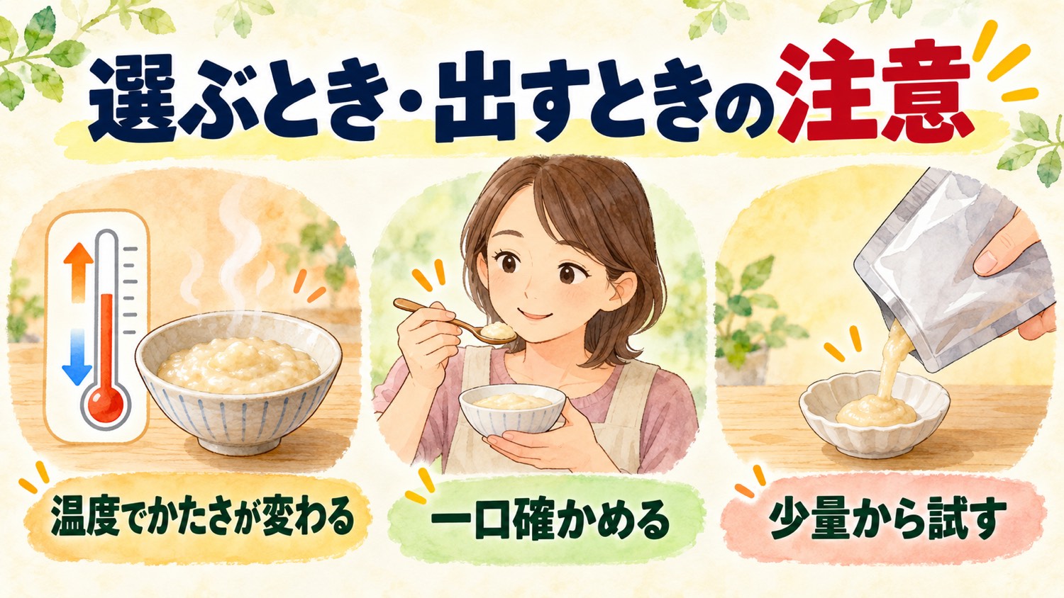 選ぶとき・出すときの注意。温度でかたさが変わる、一口確かめる、少量から試す