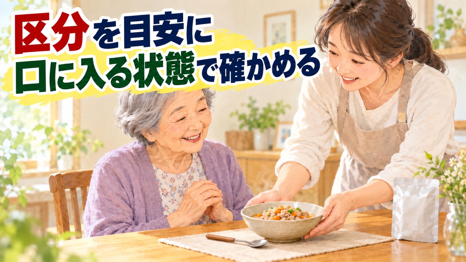 温めた介護食を器に盛り、笑顔で親に出す娘