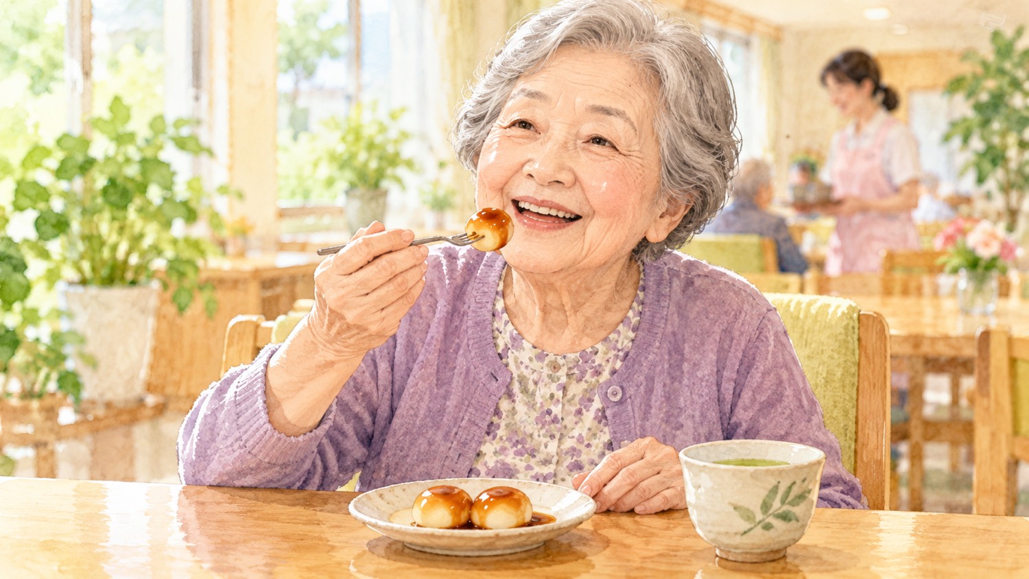 やわらかいみたらし団子をおいしそうに食べる高齢の女性