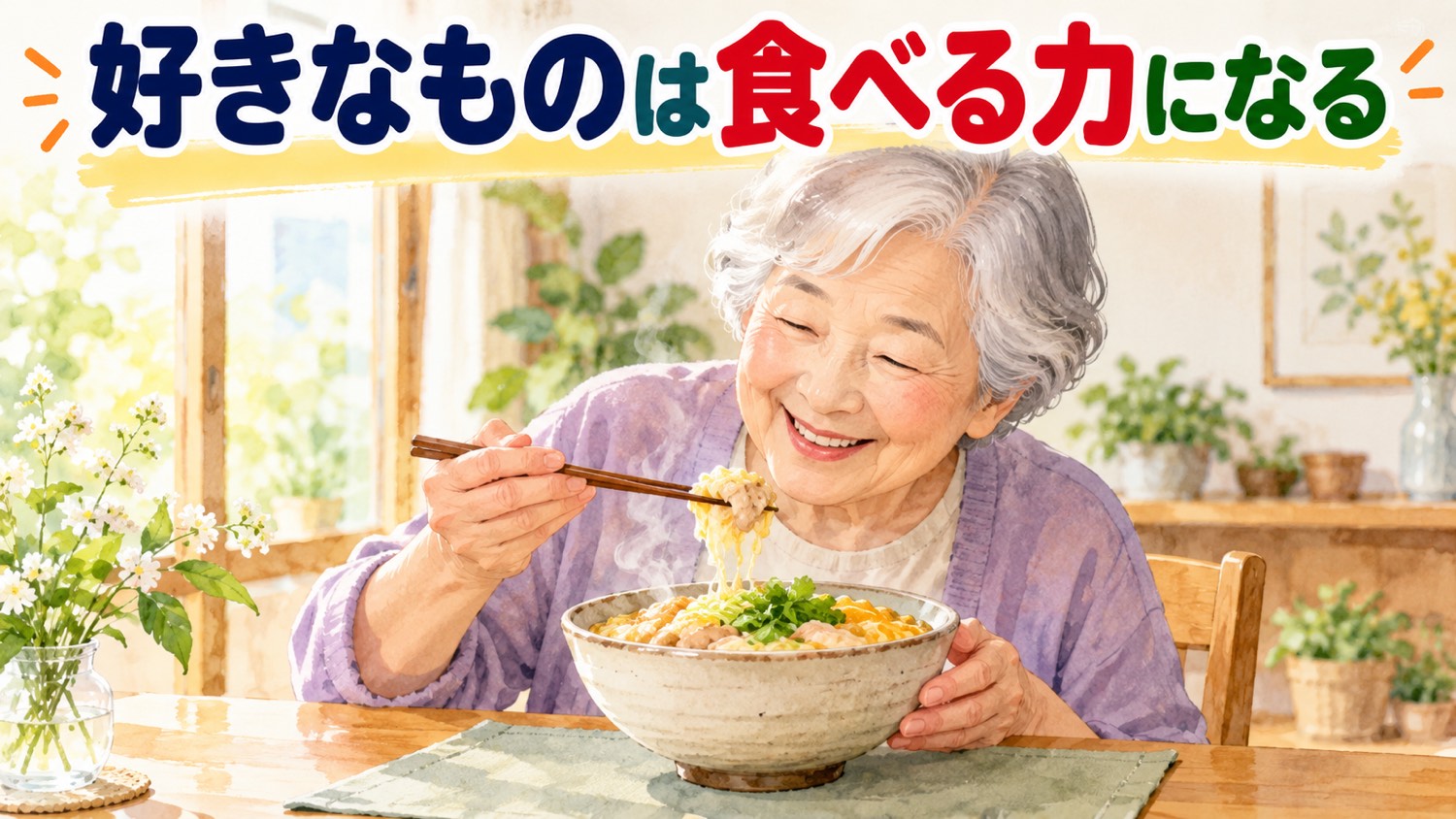 好きな料理を前に笑顔になる高齢の方