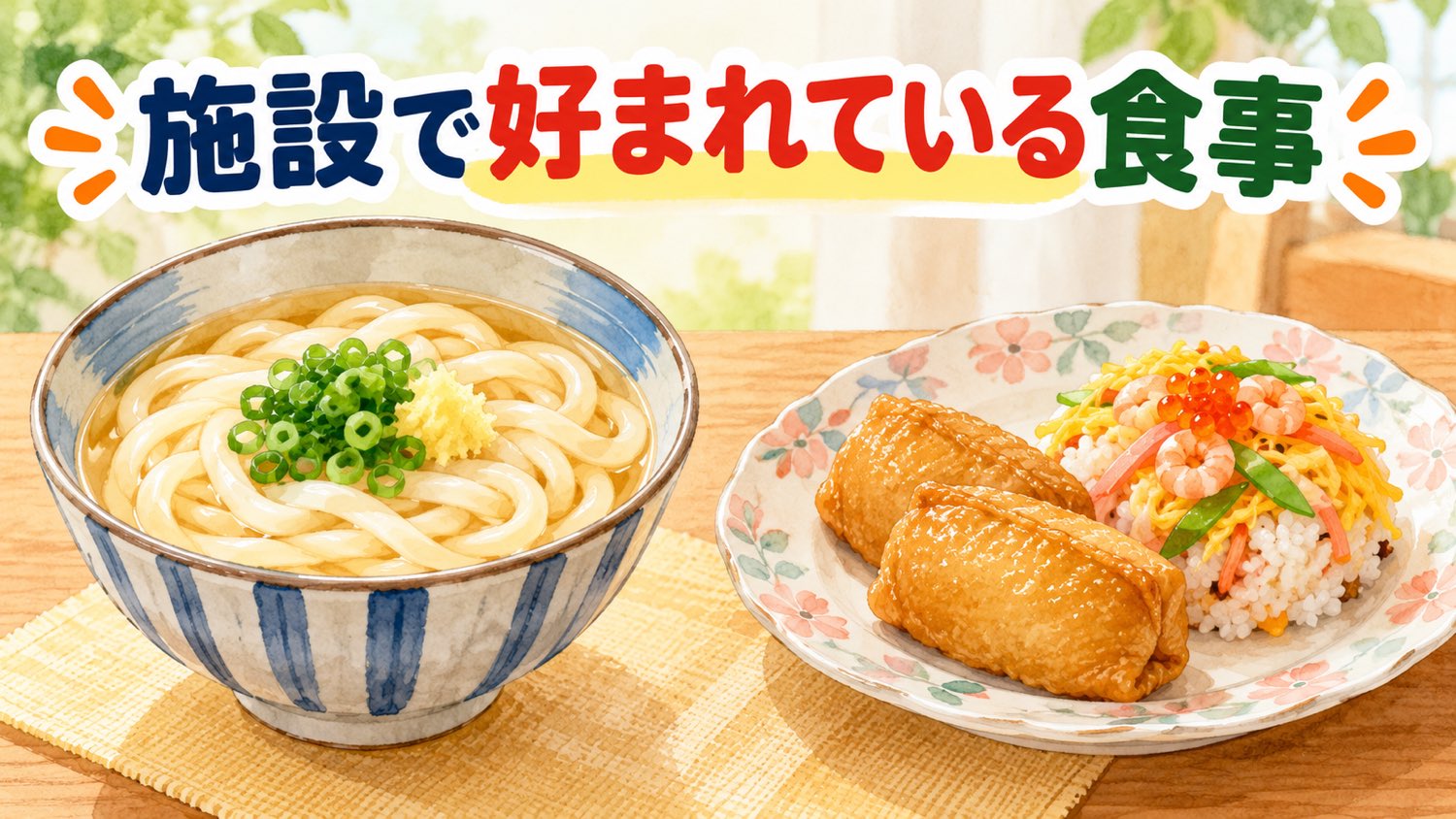 施設で好まれている食事。うどんと、いなり寿司・ちらし寿司