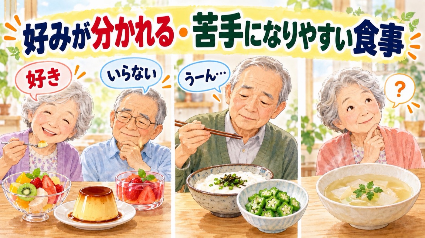 好みが分かれるデザート、ネバネバしたとろろとオクラに箸が止まる様子、薄味の汁物