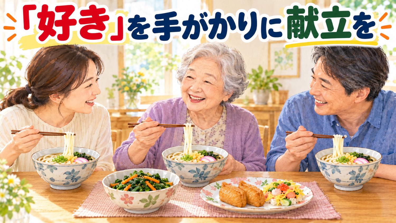家族そろって麺やお寿司を囲む笑顔の食卓