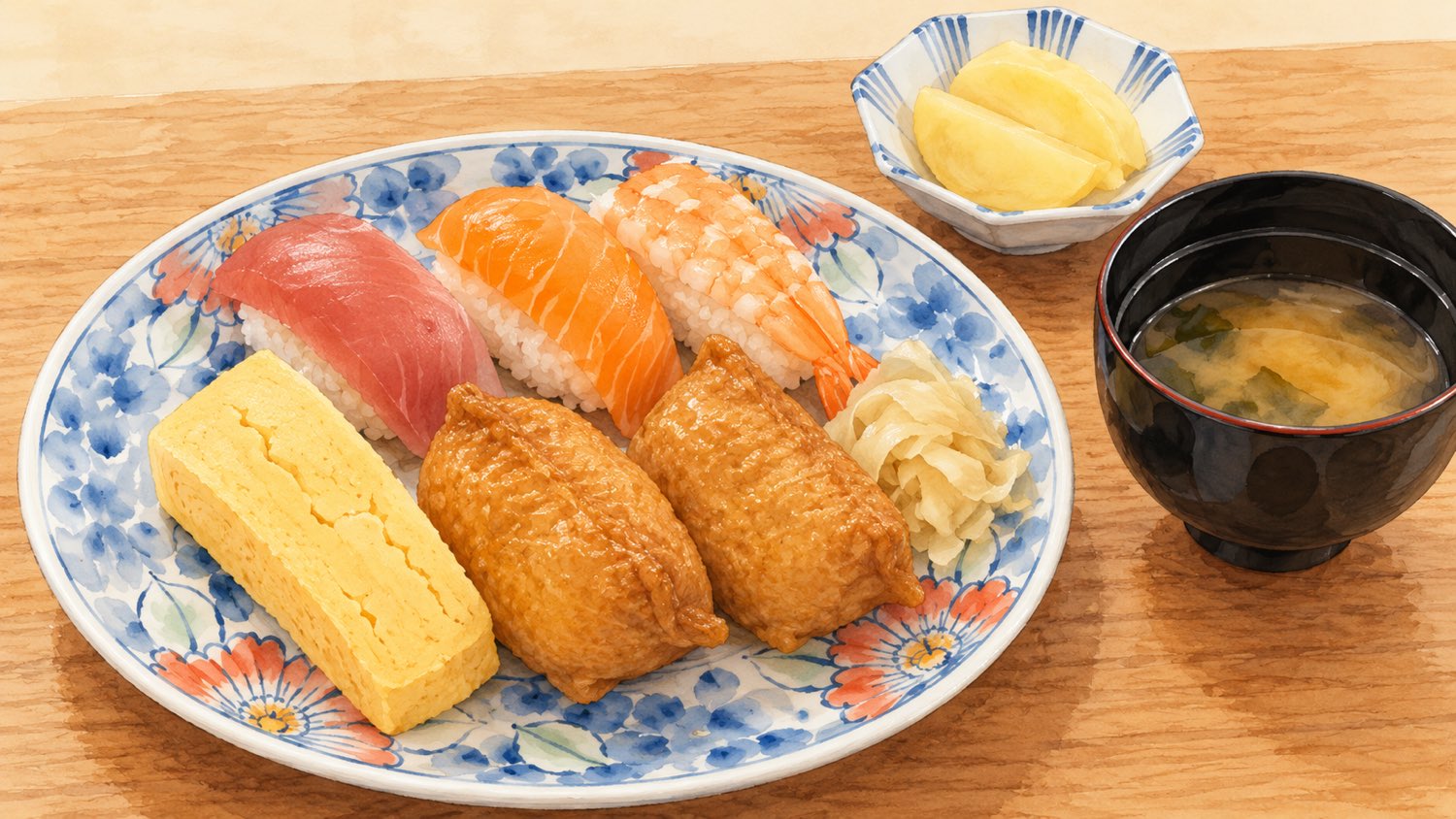 花柄の大皿に盛った握り寿司、卵焼き、いなり寿司