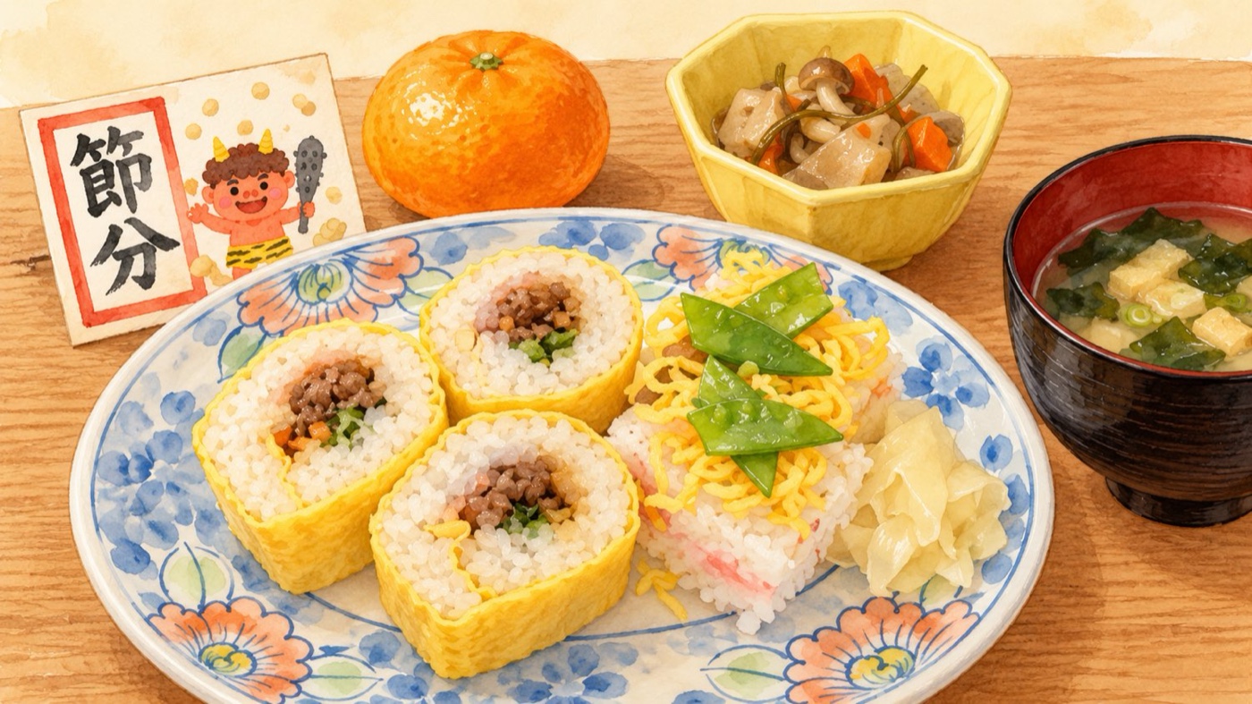 節分の献立。薄焼き卵で巻いた巻き寿司とちらし寿司