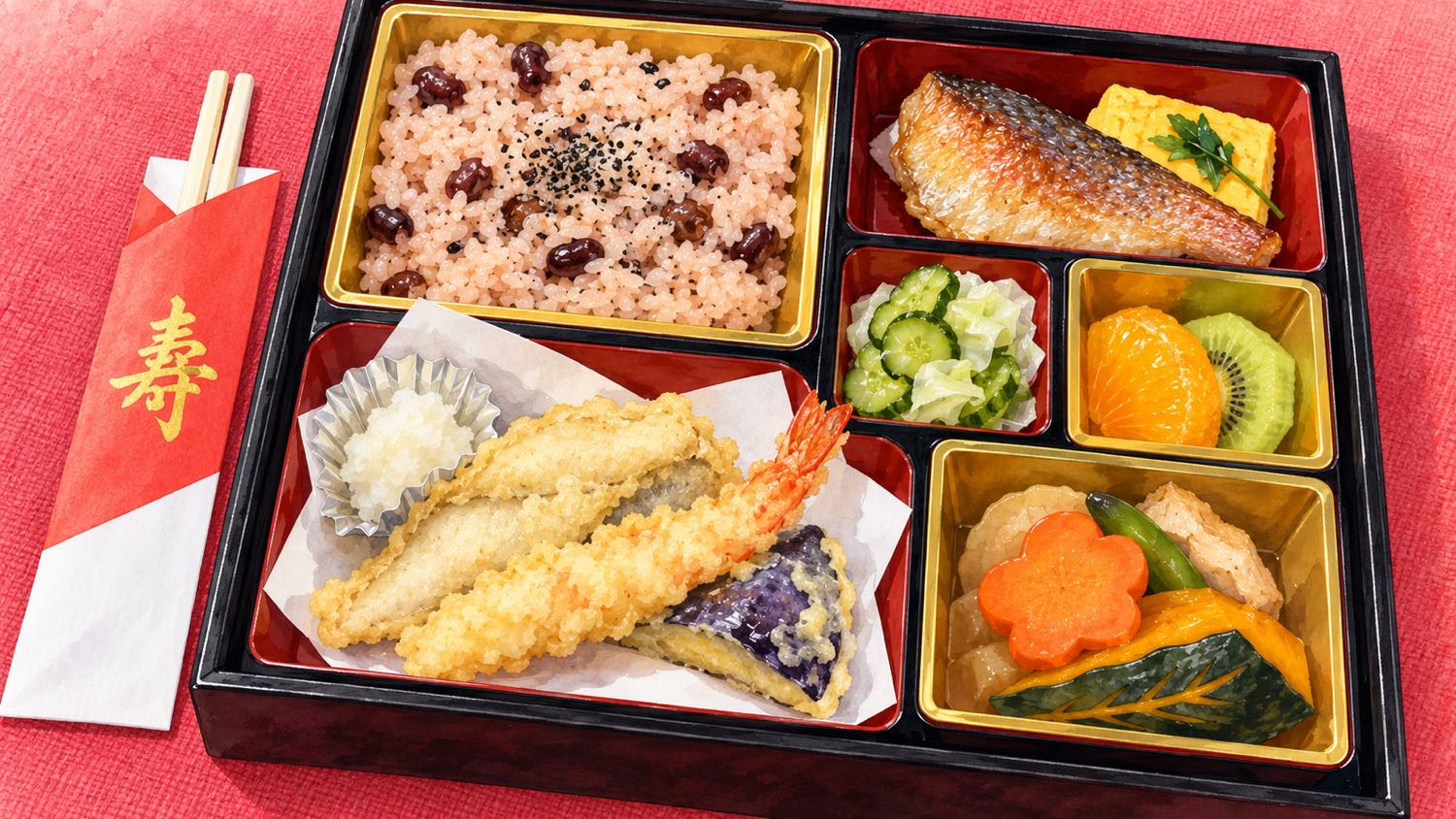 敬老会のお祝いの膳。お赤飯、焼き魚、天ぷら、煮物などを詰めた重箱