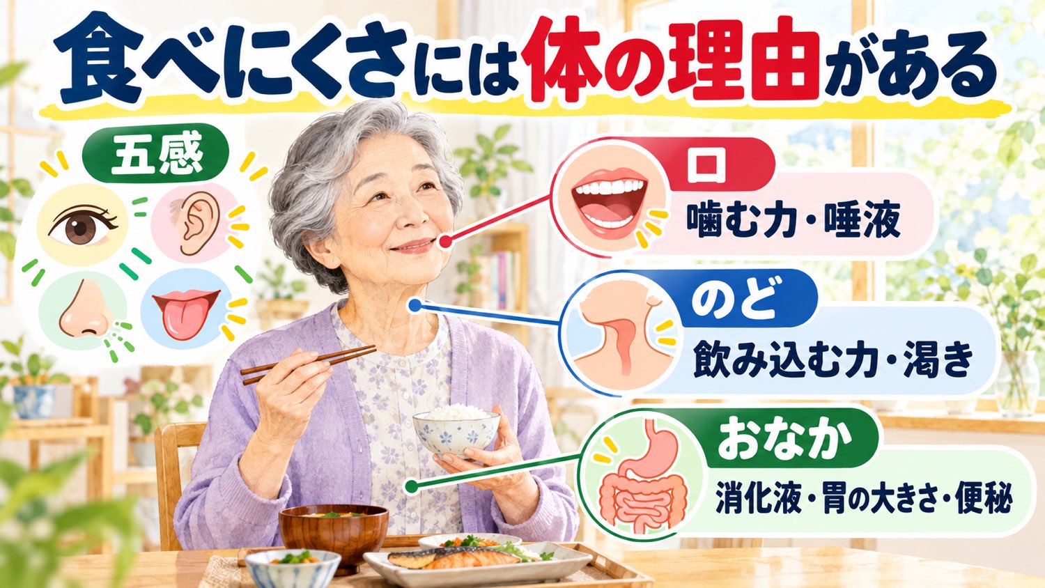 食べにくさには体の理由がある。口は噛む力と唾液、のどは飲み込む力と渇き、おなかは消化液と胃の大きさと便秘、そして五感