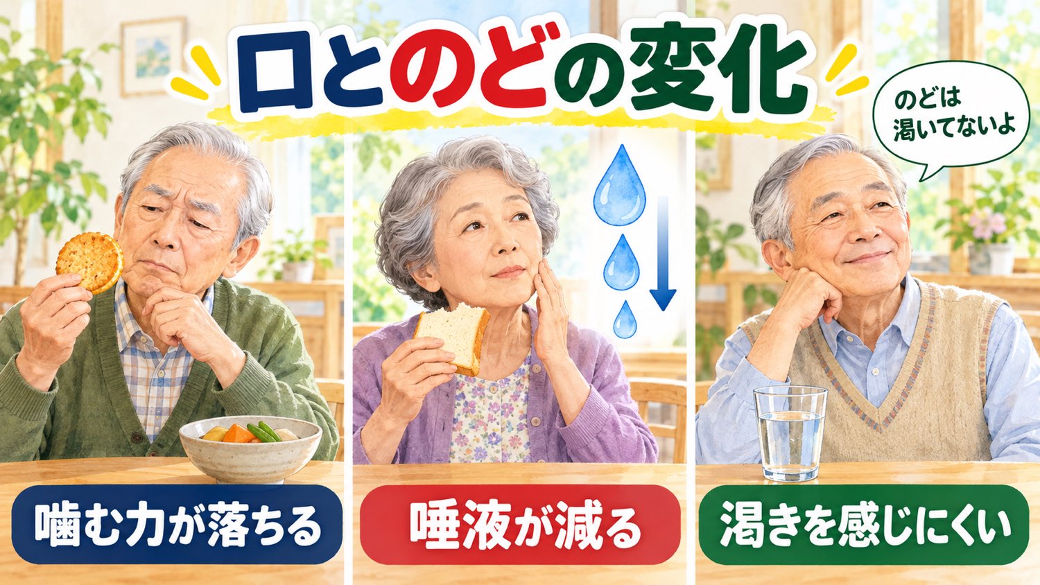 口とのどの変化。かたいせんべいに困る噛む力の低下、パンがぱさつく唾液の減少、のどの渇きを感じにくい様子