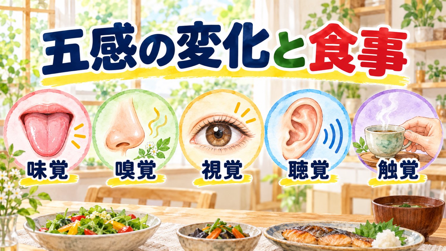 五感の変化と食事。味覚、嗅覚、視覚、聴覚、触覚
