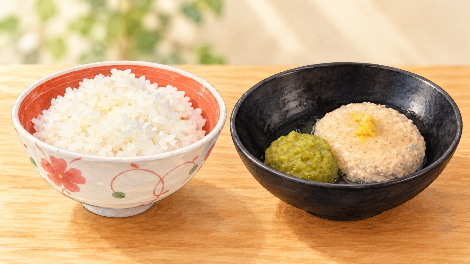 内側が赤いお茶碗に盛った白いごはんと、黒い器に盛ったミキサー食のおかず