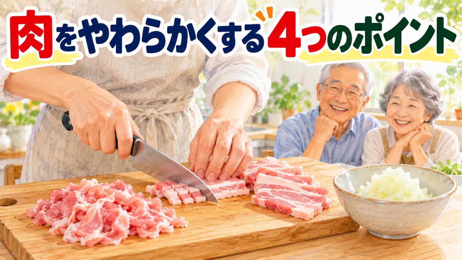 豚こま肉とバラ肉を切り分け、すりおろした玉ねぎを用意している様子