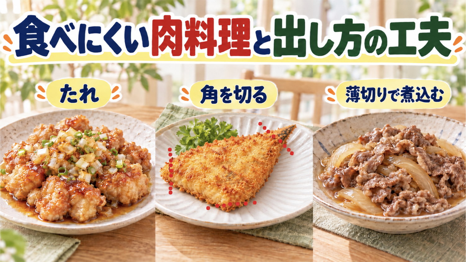 たれをかけた唐揚げ、端を切ったアジフライ、薄切り肉の煮込み