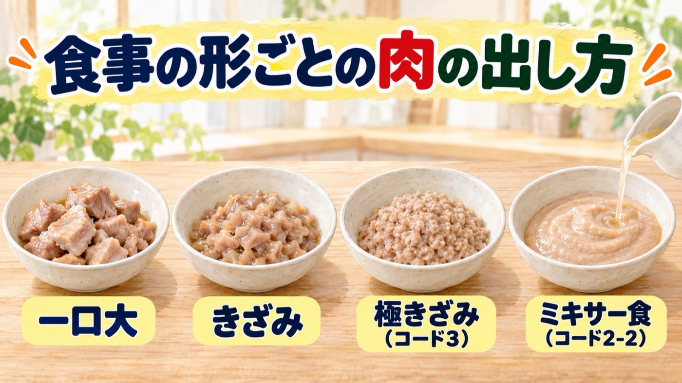 一口大・きざみ・極きざみ・ミキサー食に作り分けた肉料理