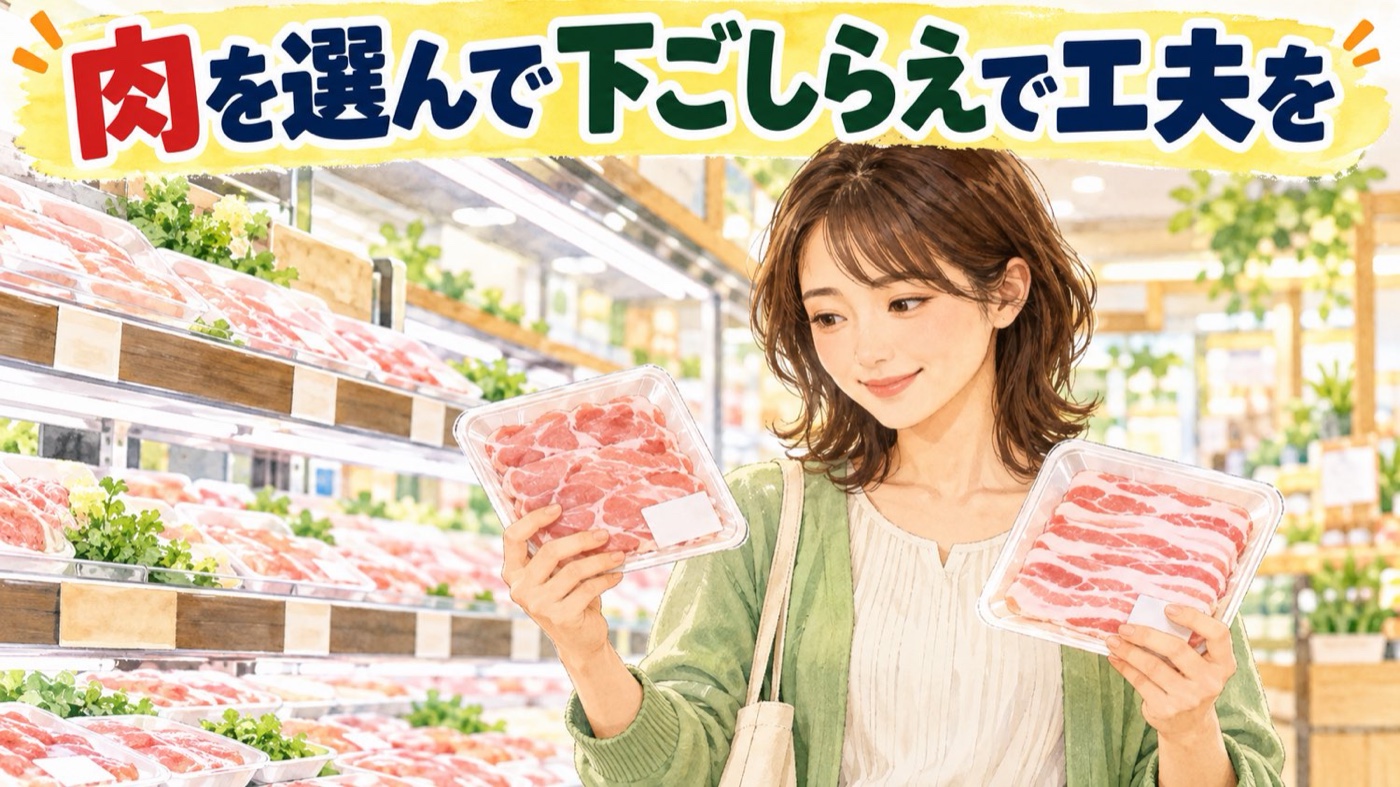 スーパーでこま切れ肉とバラ肉を選ぶ家族