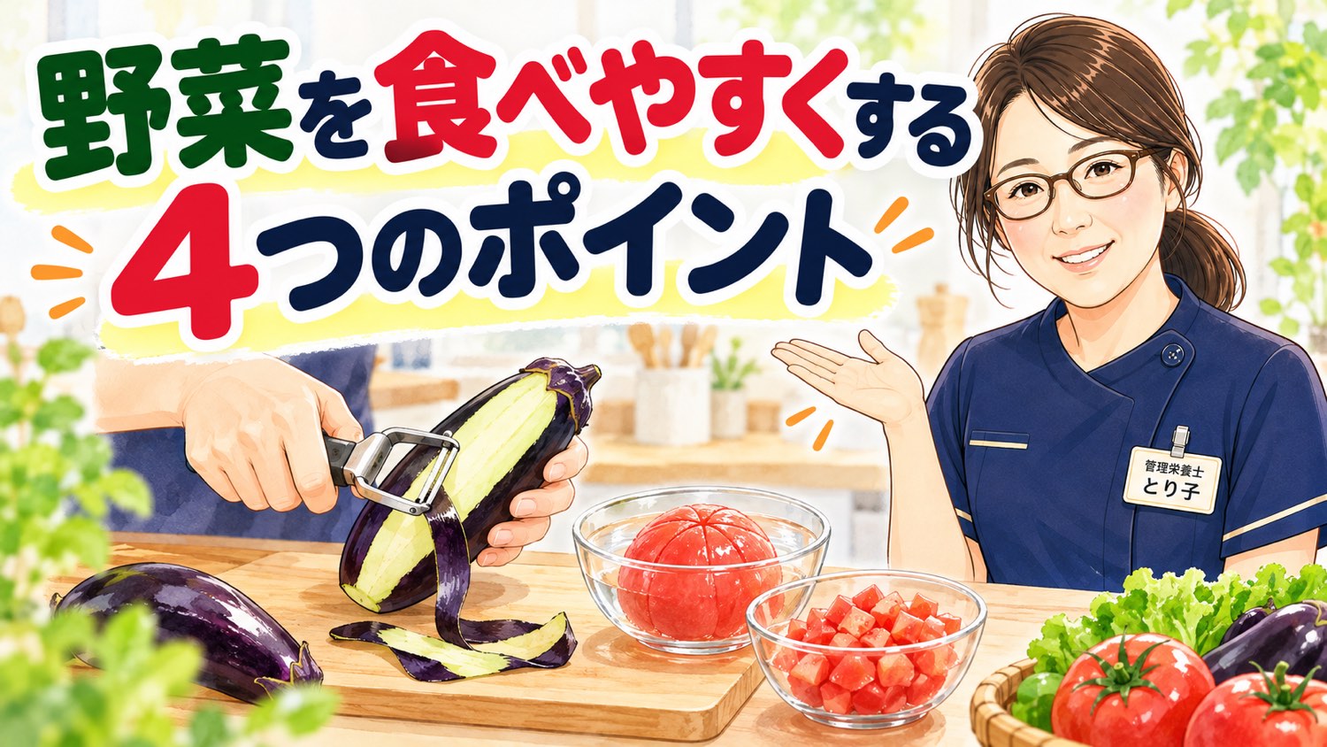 なすの皮をむき、湯むきしたトマトをさいの目に切った様子