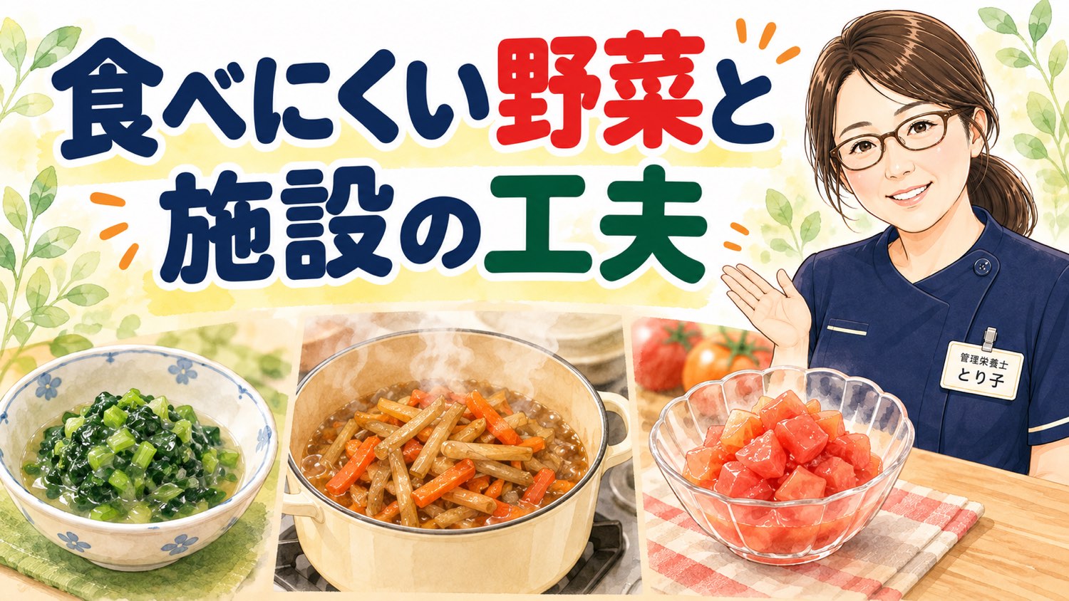 細かくきざんだ青菜、じっくり煮たきんぴら、皮をむいたさいの目のトマト