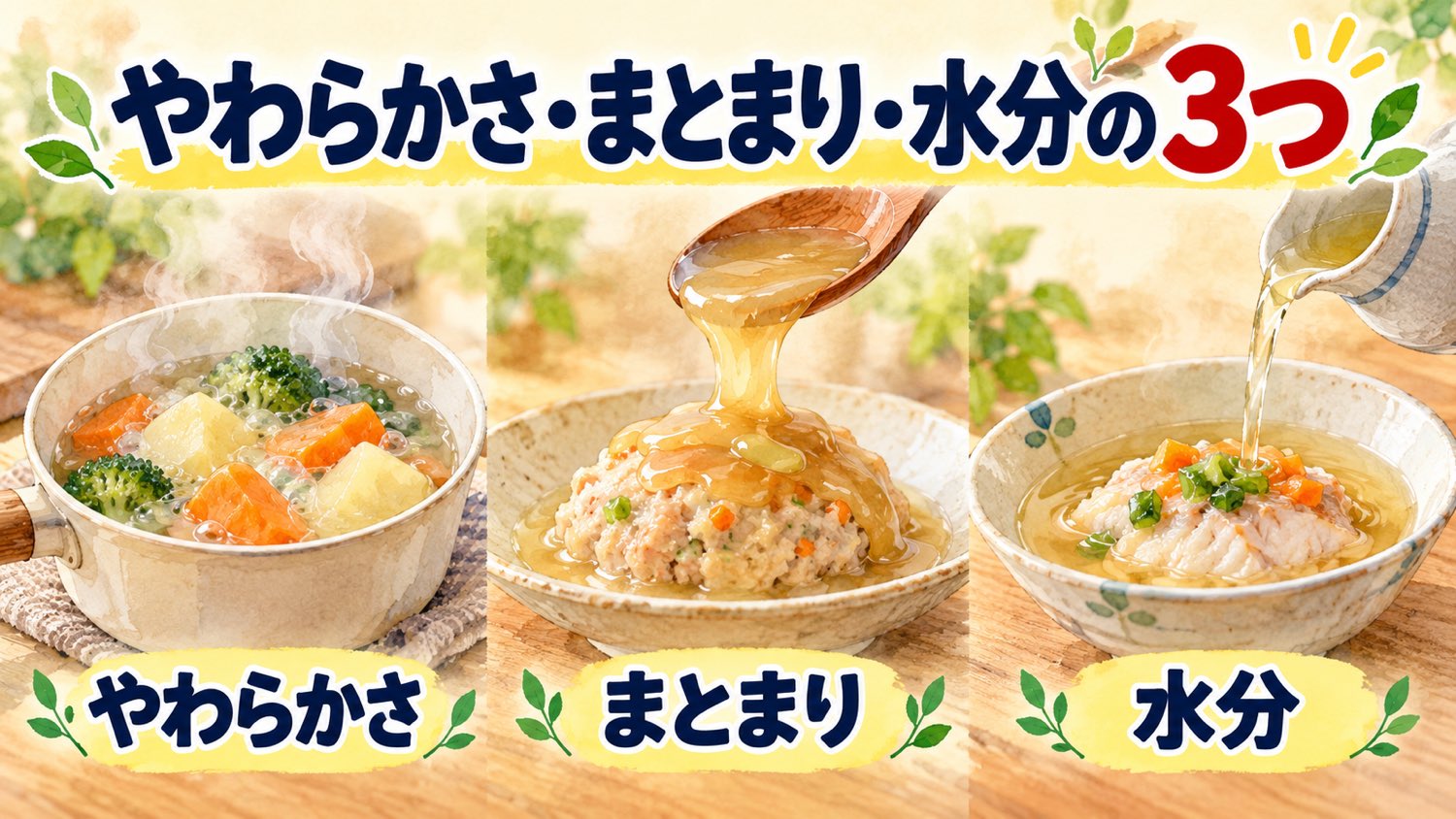 やわらかさ・まとまり・水分の3つ。煮る、あんかけをかける、煮汁を注ぐ