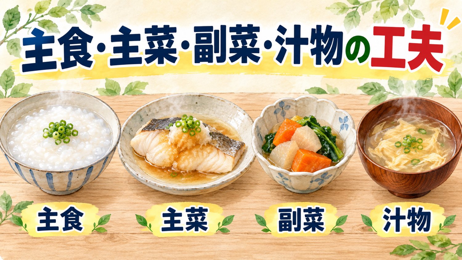 主食のおかゆ、主菜の魚のおろし煮、副菜のやわらかい煮物、汁物のかき玉汁
