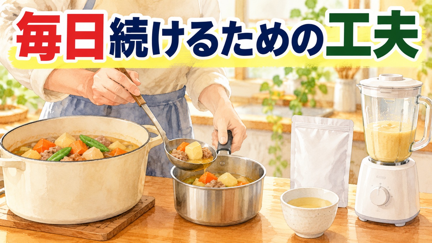 家族の鍋から親の分を小鍋に取り分ける手元と、市販の介護食、ミキサー